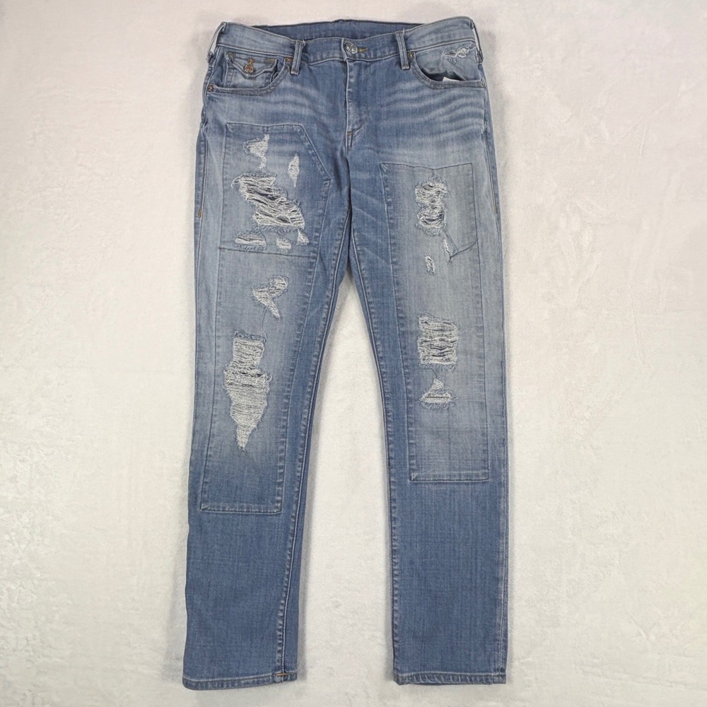 True Religion Audrey Slim Boyfriend Distressed Patched Jeans Light Wash 27 USA